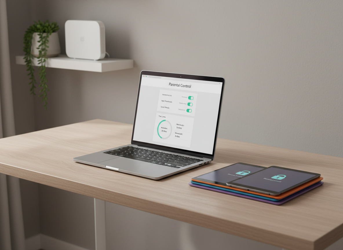 A modern home office desk made of light ash wood with a matte finish, holding an open silver laptop that displays a clearly legible parental control dashboard with toggles and time limits. Beside it lies a neatly stacked set of colorful tablets and smartphones, each screen dimmed with visible lock icons. The desk sits against a softly blurred neutral wall with a small, minimalist plant and a closed Wi‑Fi router on a nearby shelf. Natural daylight filters through an unseen window, casting gentle, professional shadows. Photographic realism, shot at eye level with a slight three-quarter angle, sharp focus on the devices and interface, subtly blurred background. The mood is calm, controlled, and reassuring, emphasizing clarity and simplicity in managing screen safety without any human presence.