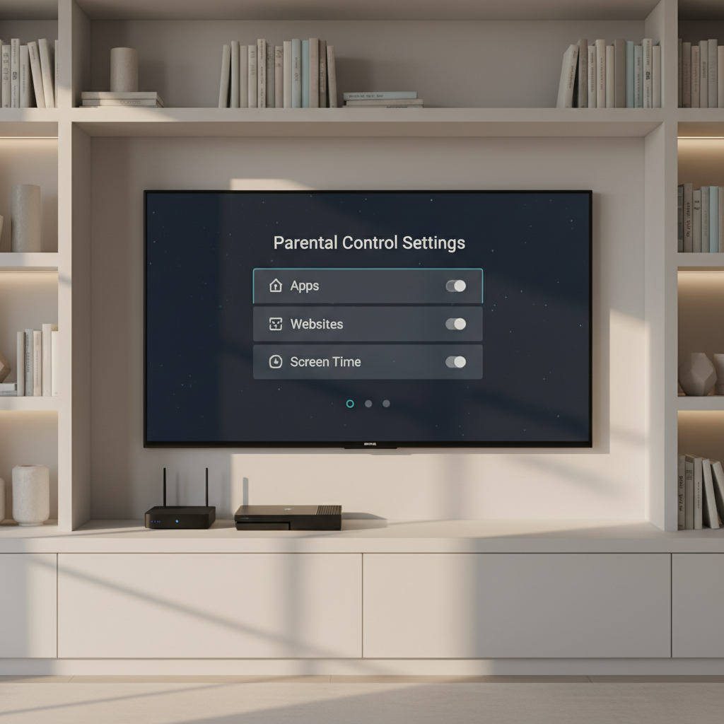 A sleek living room media console in matte white wood supports a large flat-screen television showing a clean, organized parental control settings menu, with categories like apps, websites, and screen time clearly visible. Below the TV, a compact black streaming box and game console rest with their status lights glowing softly. Surrounding shelves hold neatly arranged books and a few neutral-toned decorative objects. Soft, diffused afternoon light enters from the side, producing gentle reflections on the screen and subtle shadows along the console. Photographic realism with a straight-on, eye-level composition, balanced by the rule of thirds. The mood is professional yet homey, conveying a sense of order, safety, and thoughtful control over digital content in a family space, with no people present anywhere in the scene.