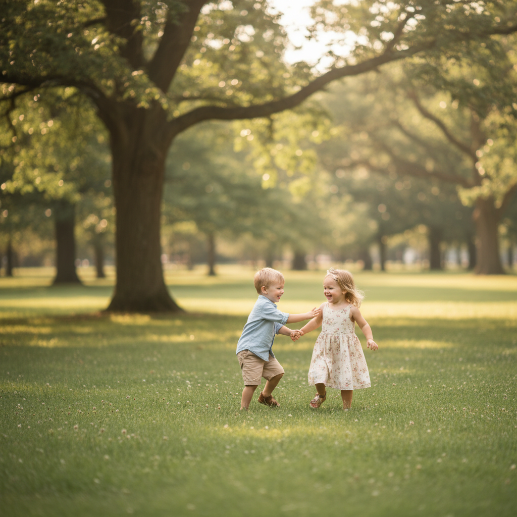 Soft, natural outdoor scene of two children playing together in a sunlit park, with lots of green grass and trees in the background. The style is calm and minimal, with soft colors and a slightly blurred background to keep the focus on a sense of safety and carefree family life, not on any devices.